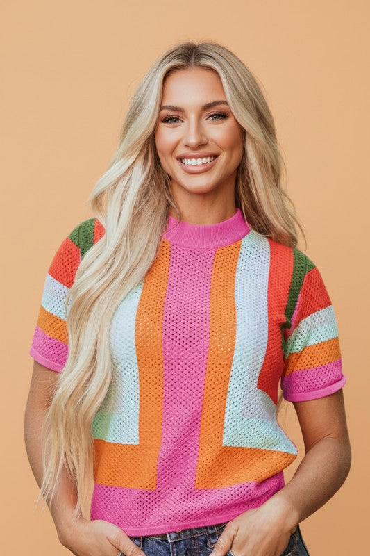 Colorblock Eyelet Short Sleeve Sweater T-Shirt