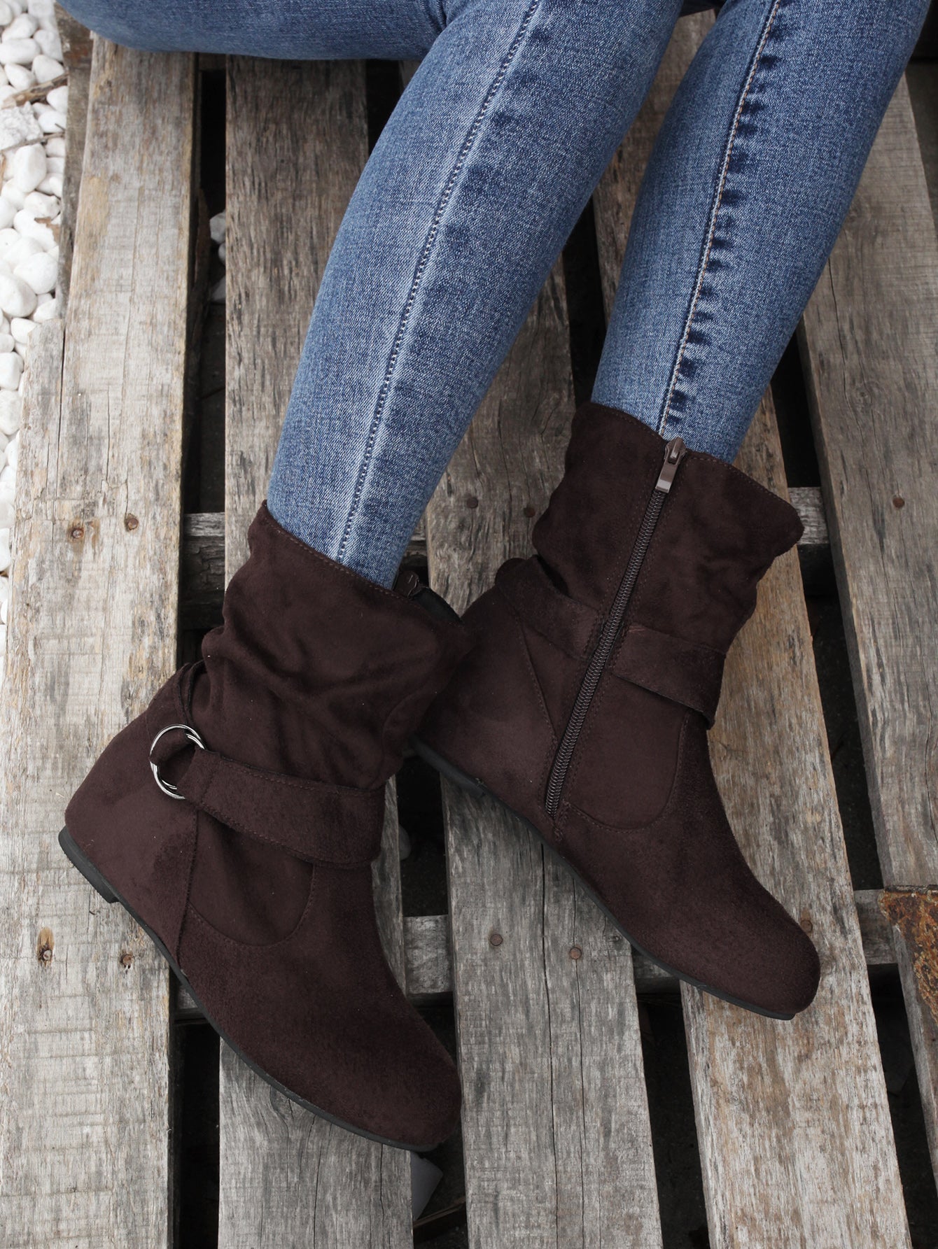 Ankle Boots  Round Toe Buckle Belt Side Zipper Boots