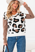 Leopard Colorblock Drop Shoulder V-Neck Sweater