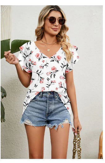 Casual Women's V Neck Ruffle Sleeve T-Shirt Blouse