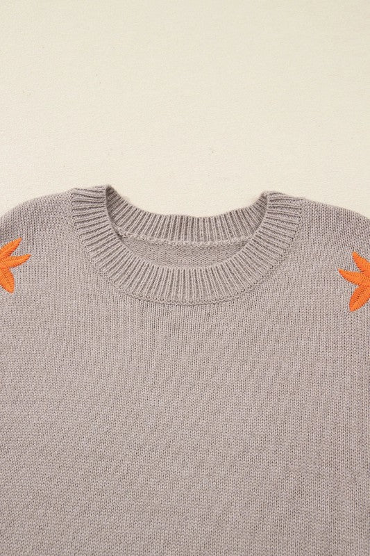 Floral Embroidered Sleeve Round Neck Loose Sweater
