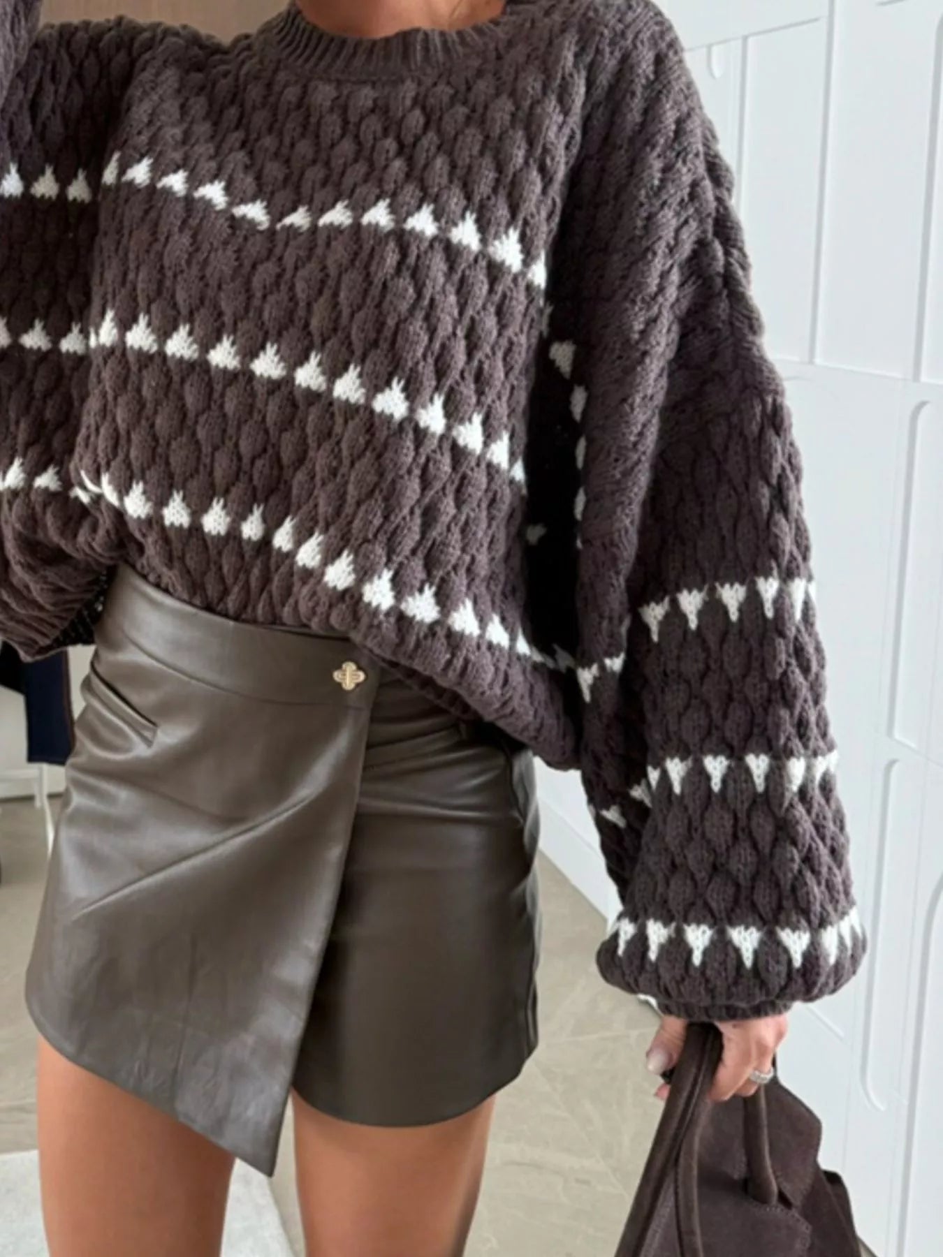 Chunky Knit Striped Sweater with Balloon Sleeves