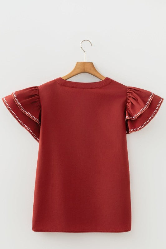 Contrast Trim Flutter Sleeve V-Neck Blouse