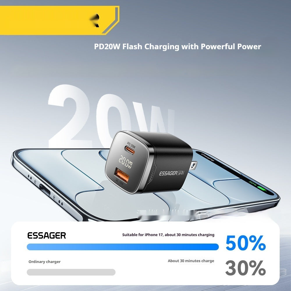 Series 20W Digital Display Travel Charger With USB-A And USB-C Fast Charging Ports
