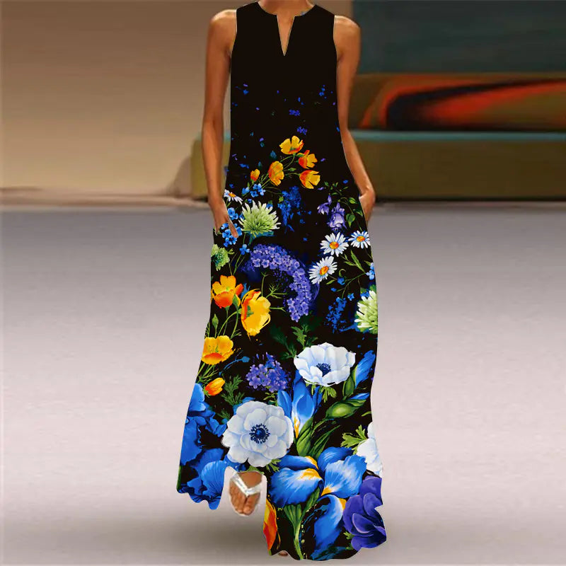 Printed V-neck Sleeveless Maxi Dress