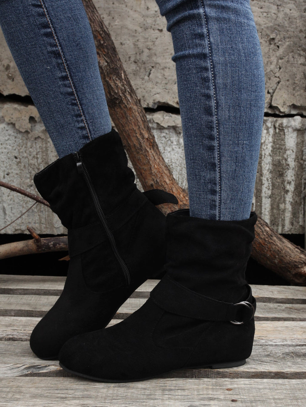 Ankle Boots  Round Toe Buckle Belt Side Zipper Boots