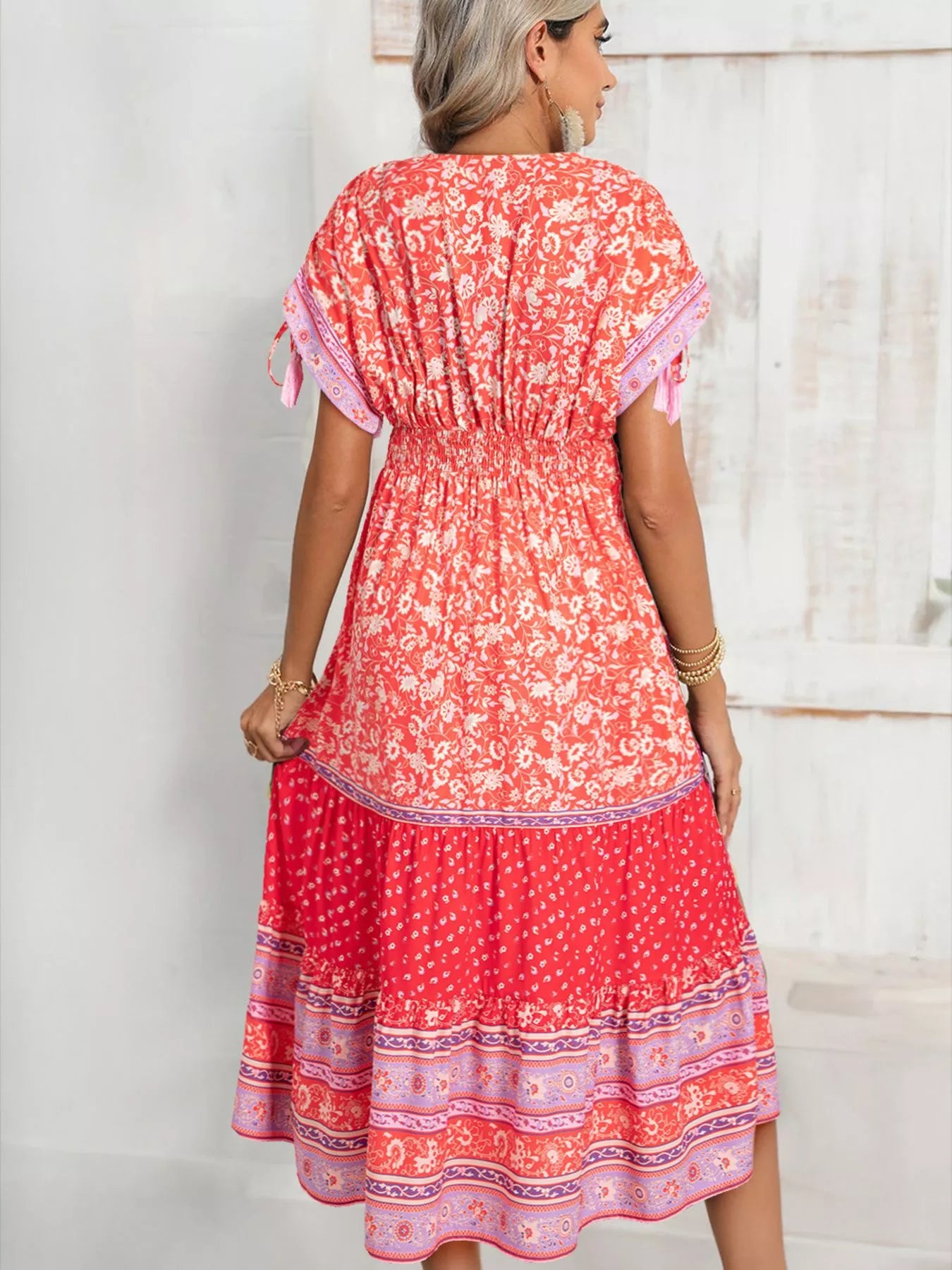 Floral Print Tasseled Tied Sleeve Empire Waist Dress