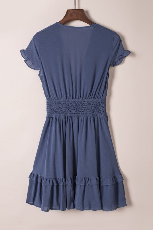 Deep V-Neck Knotted Front Layered Flare Mini Dress