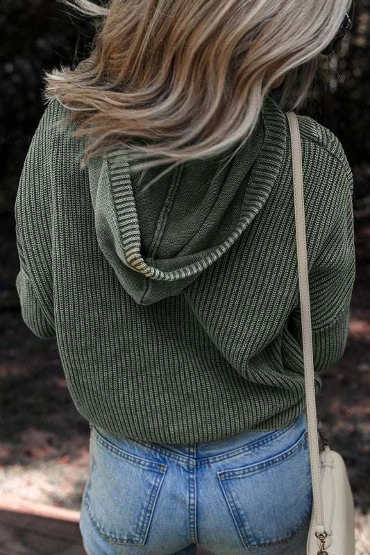 Mineral Wash Ribbed Knit Hooded Sweater