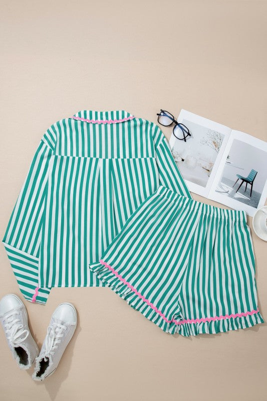 Stripe Ricrac Trim Shirt & Drawstring Shorts Set