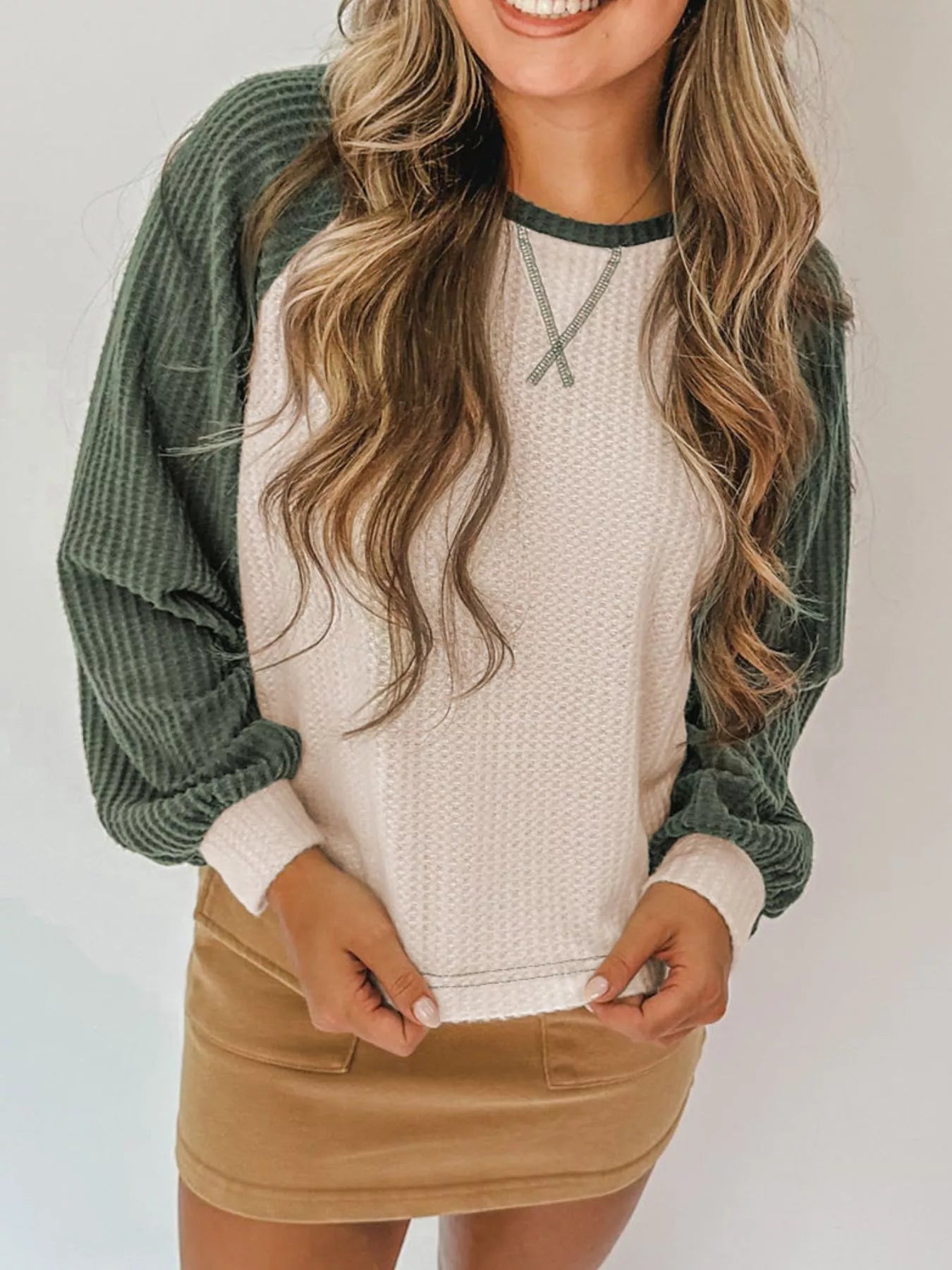 Waffle Color Block Raglan Sleeve Top