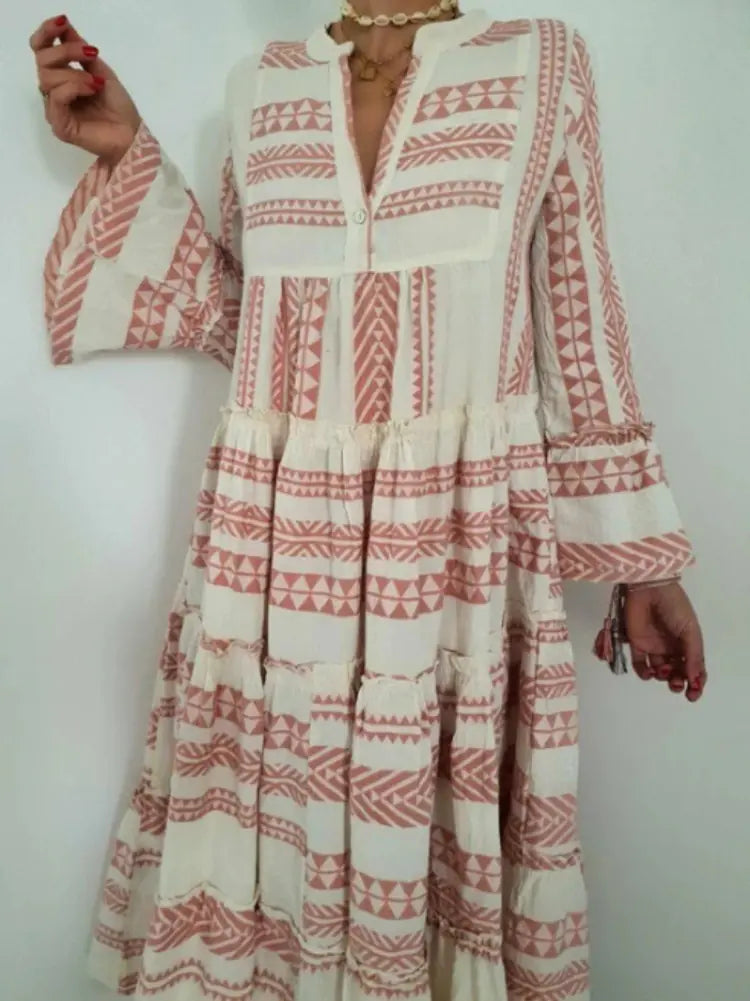 Summer Women's Geometric Print V-Neck Maxi Dress