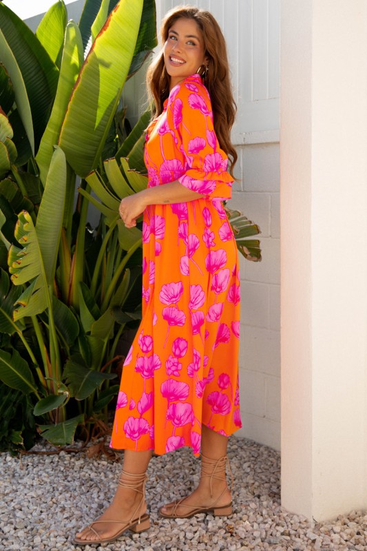 Floral Frilly Smocked V-Neck Maxi Dress