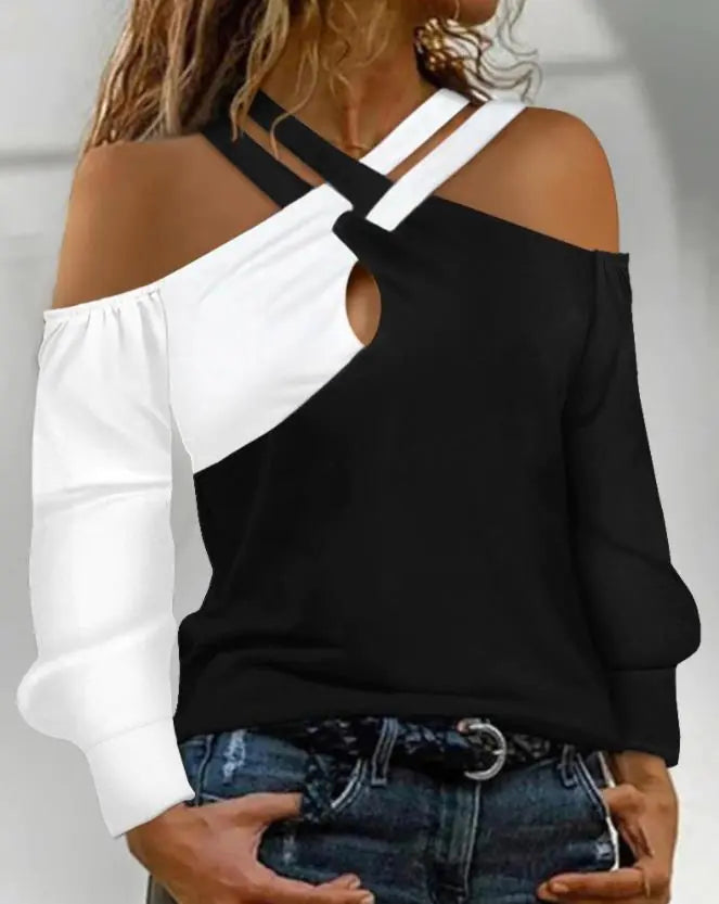 Color-Block Long-Sleeved Women's Casual T-Shirt