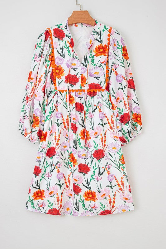 Floral Ricrac Trim 3/4 Puff Sleeve Mini Dress