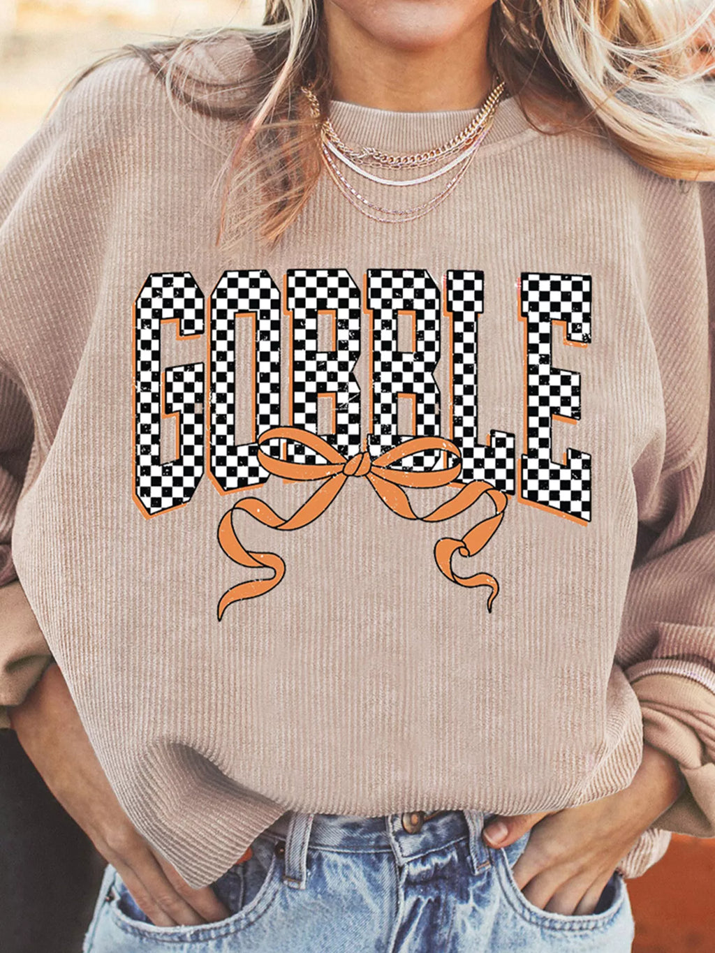 Twisted Ribbed Texture Checkered GOBBLE Bow Baggy Sweatshirt