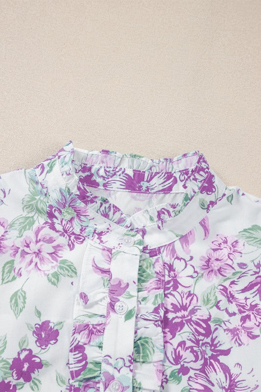 Floral Ruffle Sleeve Frilled Button-Up Shirt