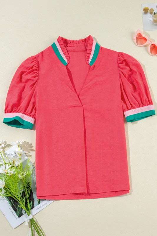 Colorblock Trim V-Neck Short Sleeve Blouse