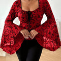 Chic Red Floral Plus Size Top Puffed Sleeves Bows