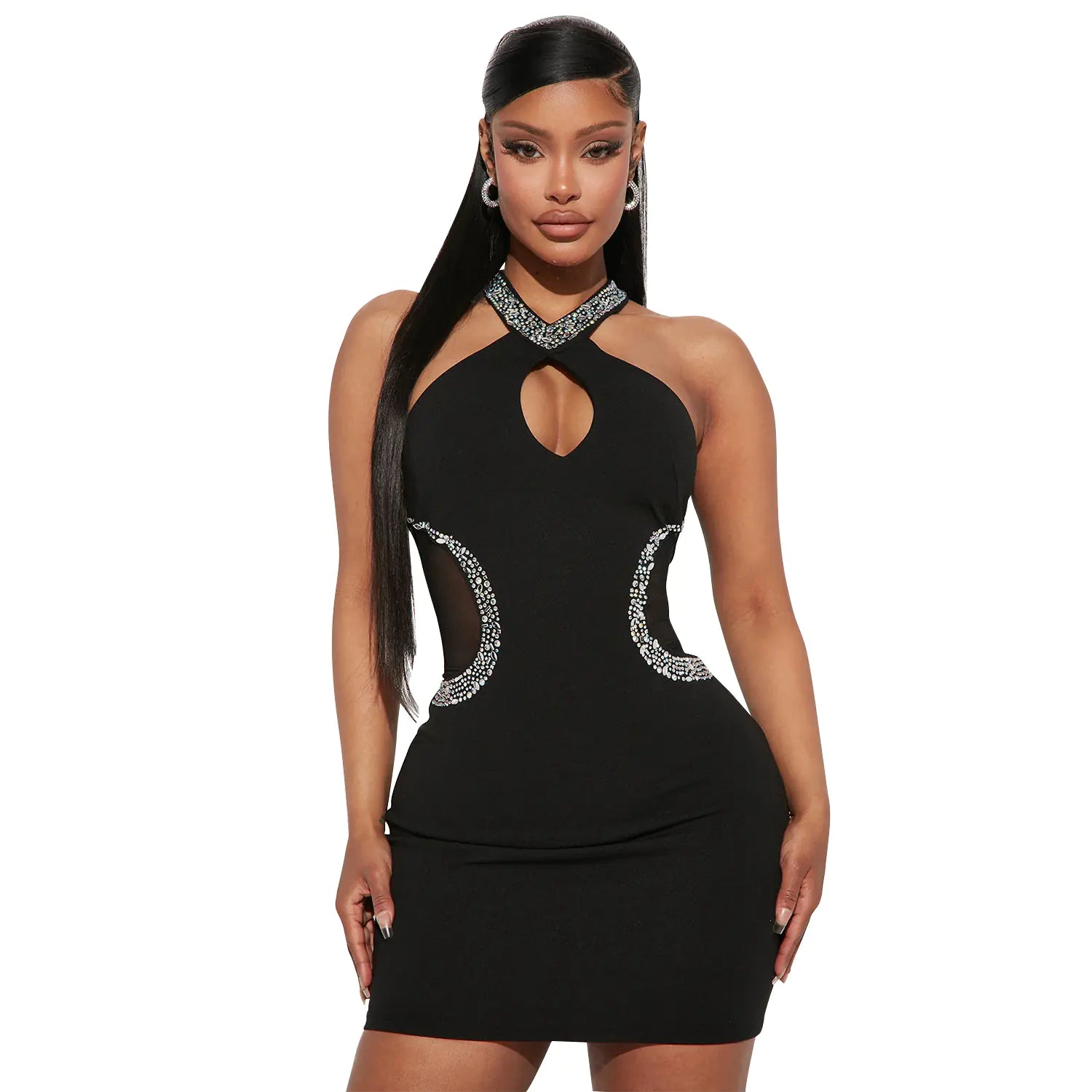 Hollow Rhinestone Halter Dress for Women