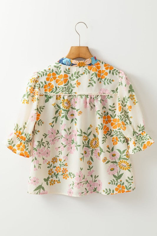 Floral Boho Crochet V-Neck Short Sleeve Blouse