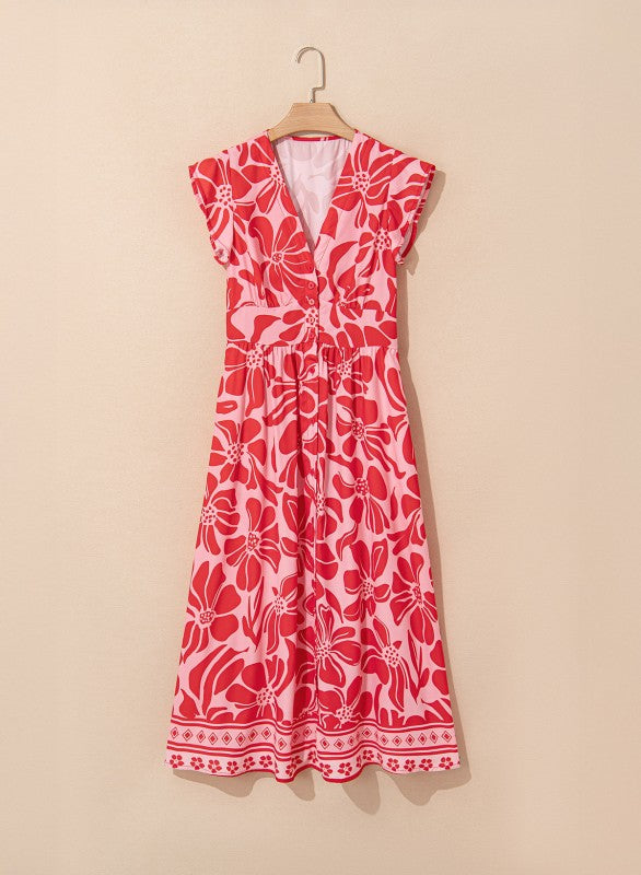 Floral Short Sleeve V-Neck Buttoned Maxi Dress