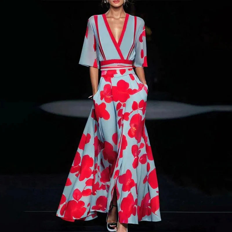 Summer V-Neck Floral Split Maxi Dress with Belt