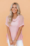 Hollow-out Crochet Tie Side Short Sleeve Sweater