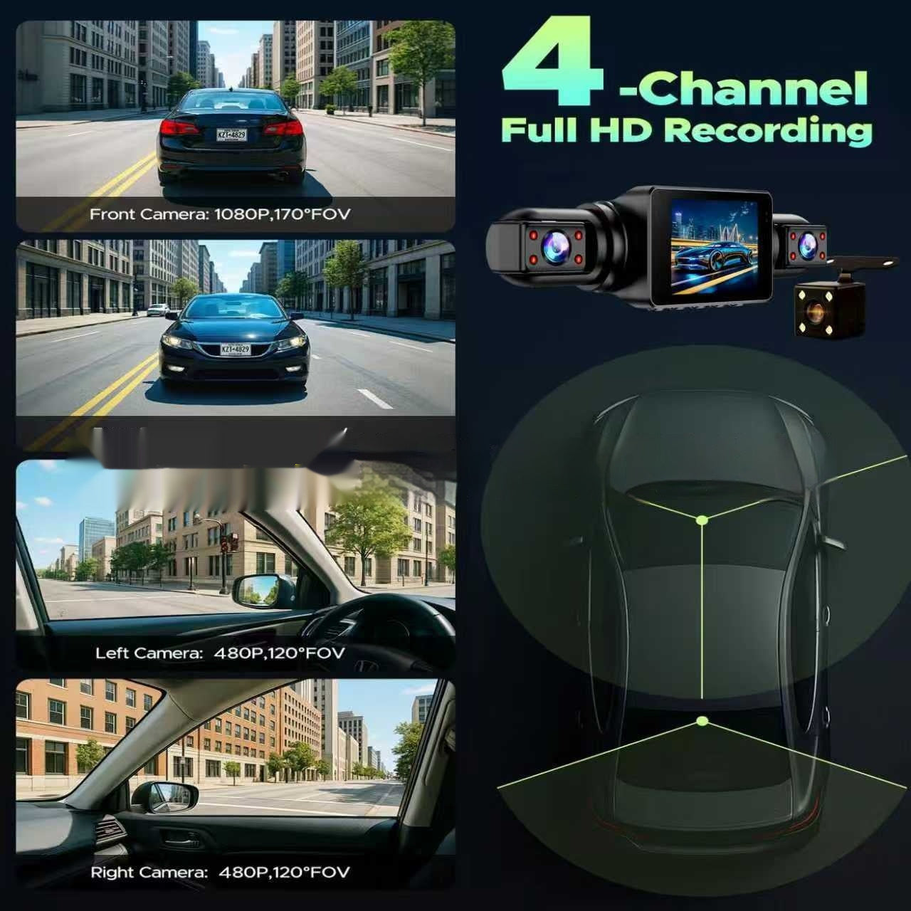 Hidden Four-Lens Simultaneous Recording IPS HD Dash Cam