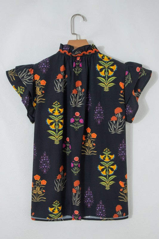 Floral Lace Trim V-Neck Frilled Short Sleeve Shirt