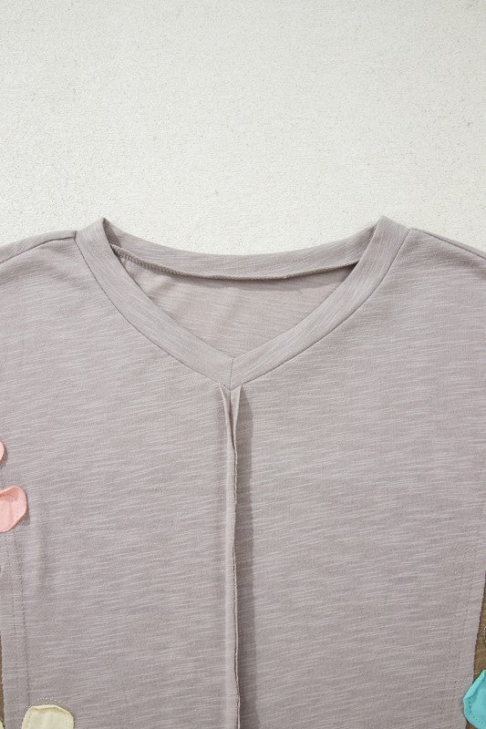 Flower Patch Exposed Seam Bracelet Sleeve T-Shirt