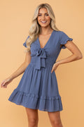 Deep V-Neck Knotted Front Layered Flare Mini Dress