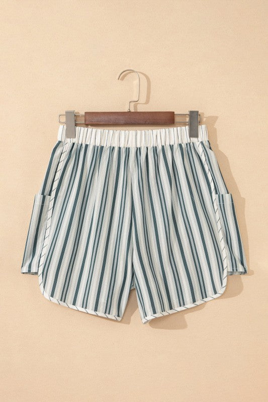 Stripe Elastic High Waist Cargo Pocket Shorts