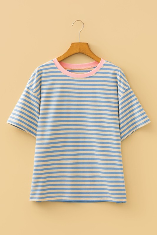 Stripe Contrast Crew Neck Drop Shoulder Tee