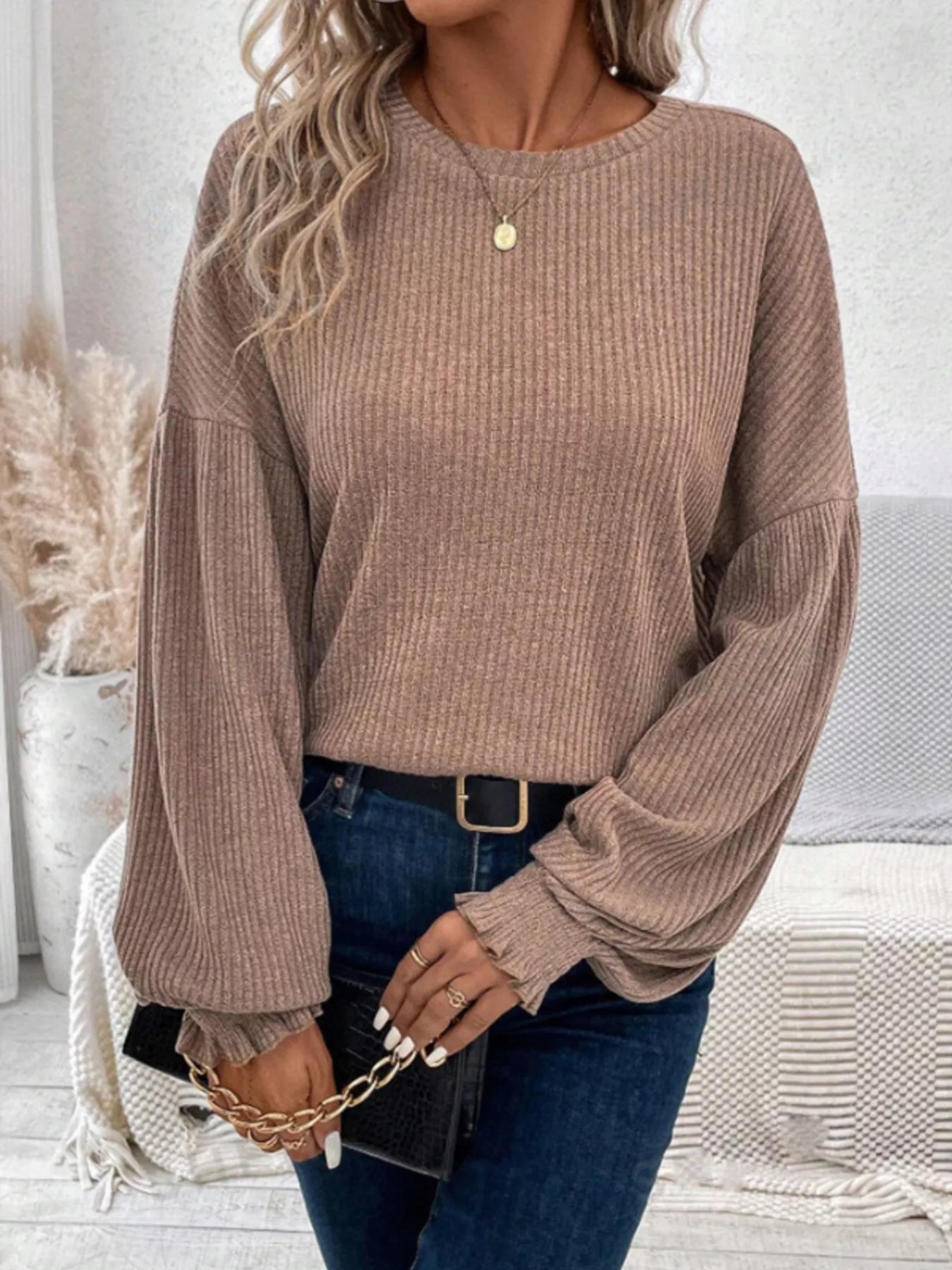 Ribbed Knit Long Sleeve T-Shirt