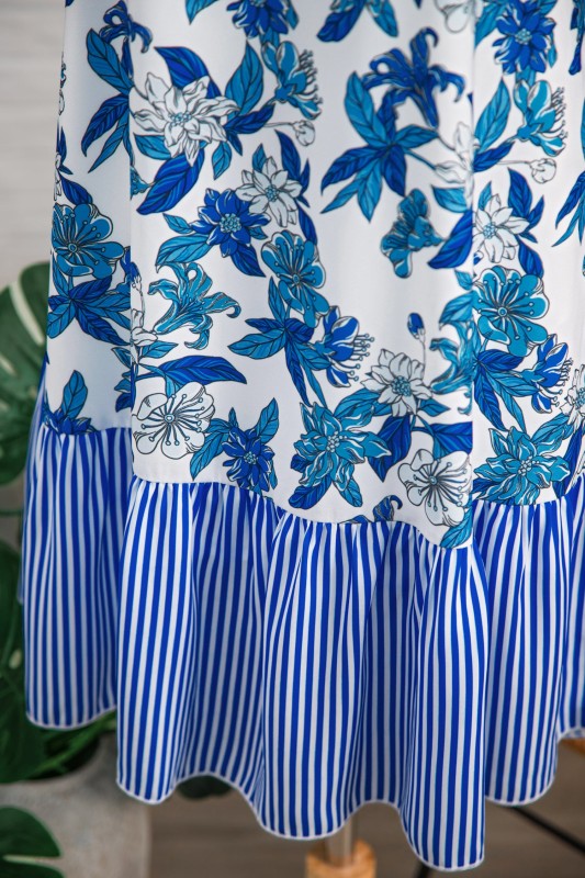 Floral Scoop-Neck Stripe Ruffle-Hem Dress