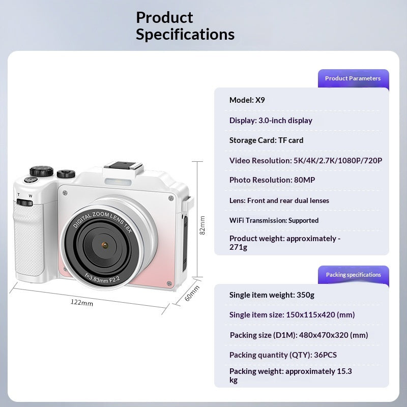 Digital Camera For Students 8K Mirrorless High-Definition Video Recording CCD Front And Rear Selfie Lens