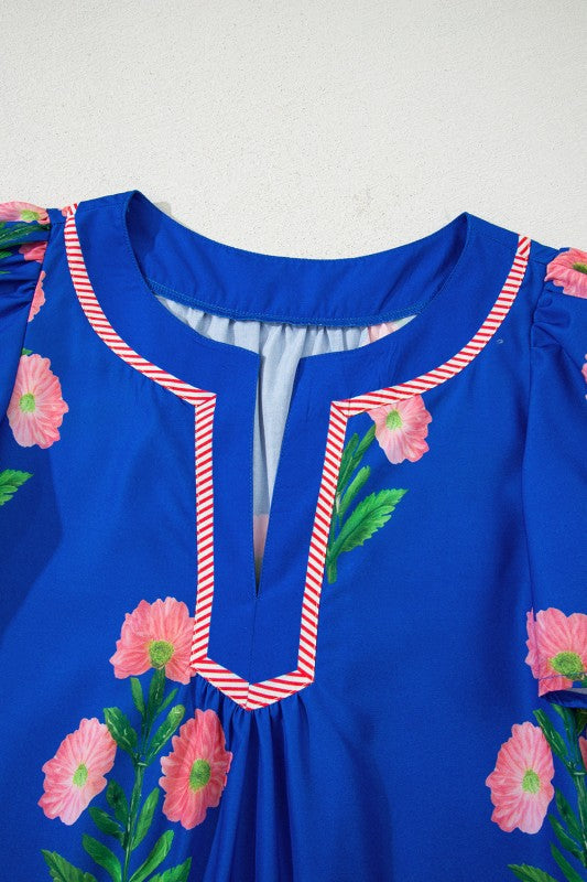Floral Short Sleeve Split Neck Mini Dress