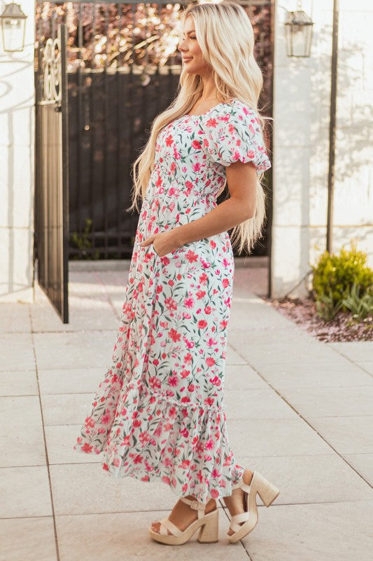 Floral Puff Sleeve Empire Waist Tiered Dress