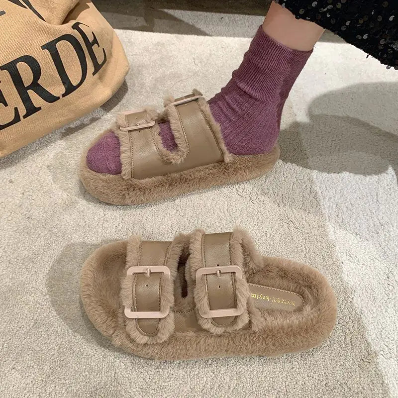 Women's Furry Fleece-lined Cotton Slippers with Belt Buckle