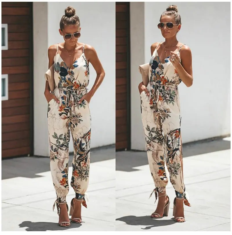 Backless Floral Print Jumpsuit with Slit Design