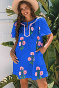 Floral Short Sleeve Split Neck Mini Dress