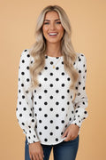 Polka Dot Frilled Long Sleeve Round Neck Blouse