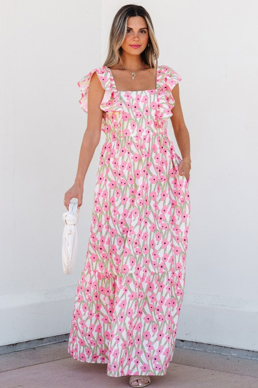 Floral Square Neck Ruffle Strap Maxi Dress