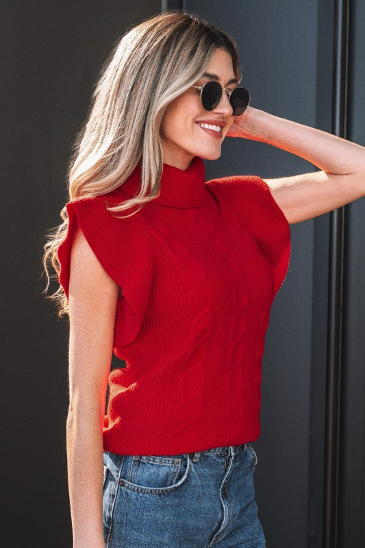 Cable Knit Turtleneck Ruffle Short Sleeve Sweater