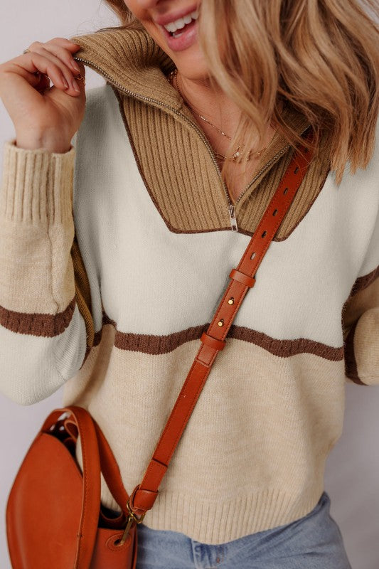 Colorblock Stripe Quarter Zip Collared Sweater