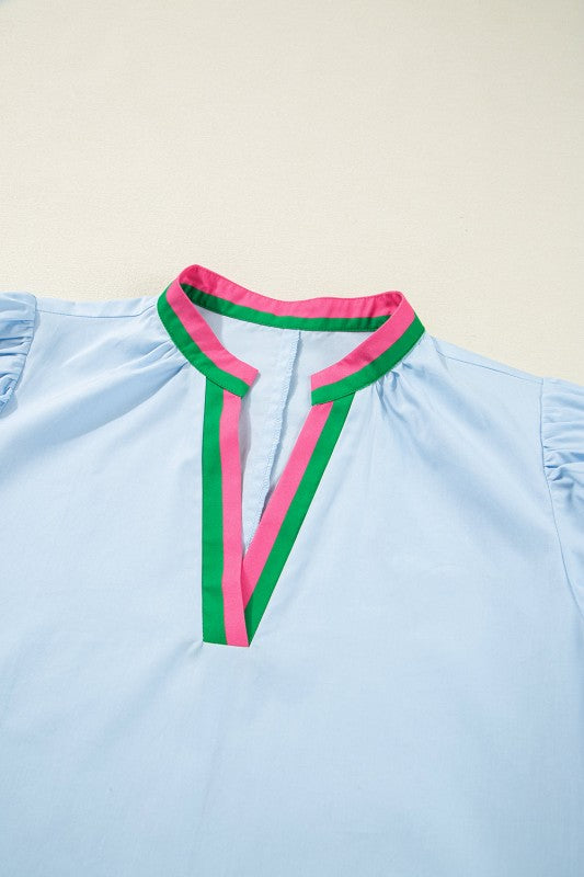 Colorblock Contrast Stripe V-Neck Puff Sleeve Mini