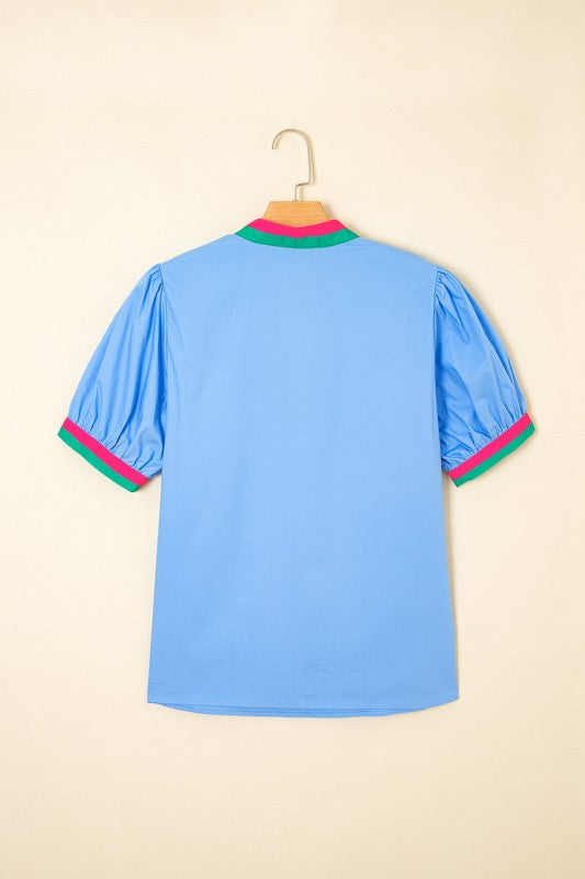 Contrast Stripe V-Neck Short Puff Sleeve Blouse
