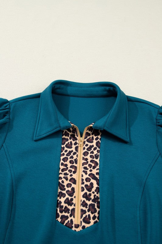 Plus Size Leopard Patchwork Quarter-Zip Collared D
