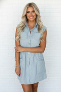 Stripe Denim Collared Buttoned Sleeveless Dress